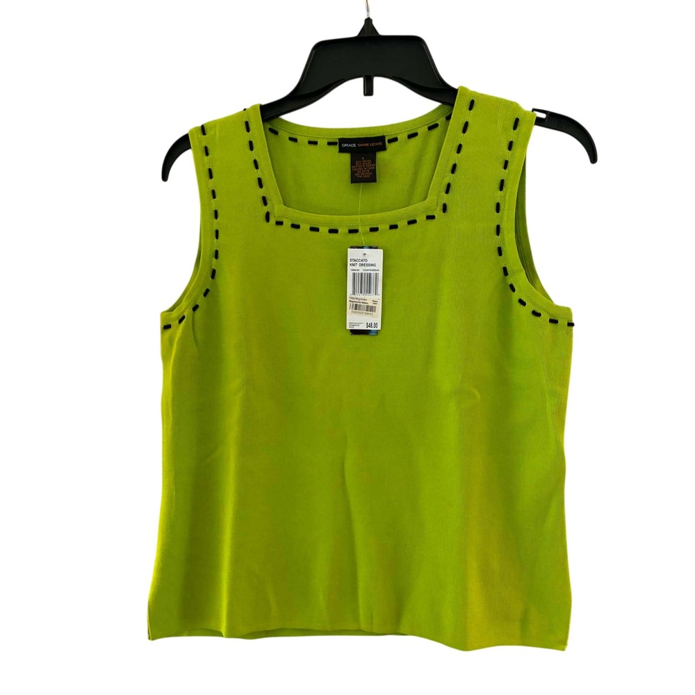 Grace Dane Lewis Knit Top Womens L Chartreuse Green Whipstitch Sleeveless Boho